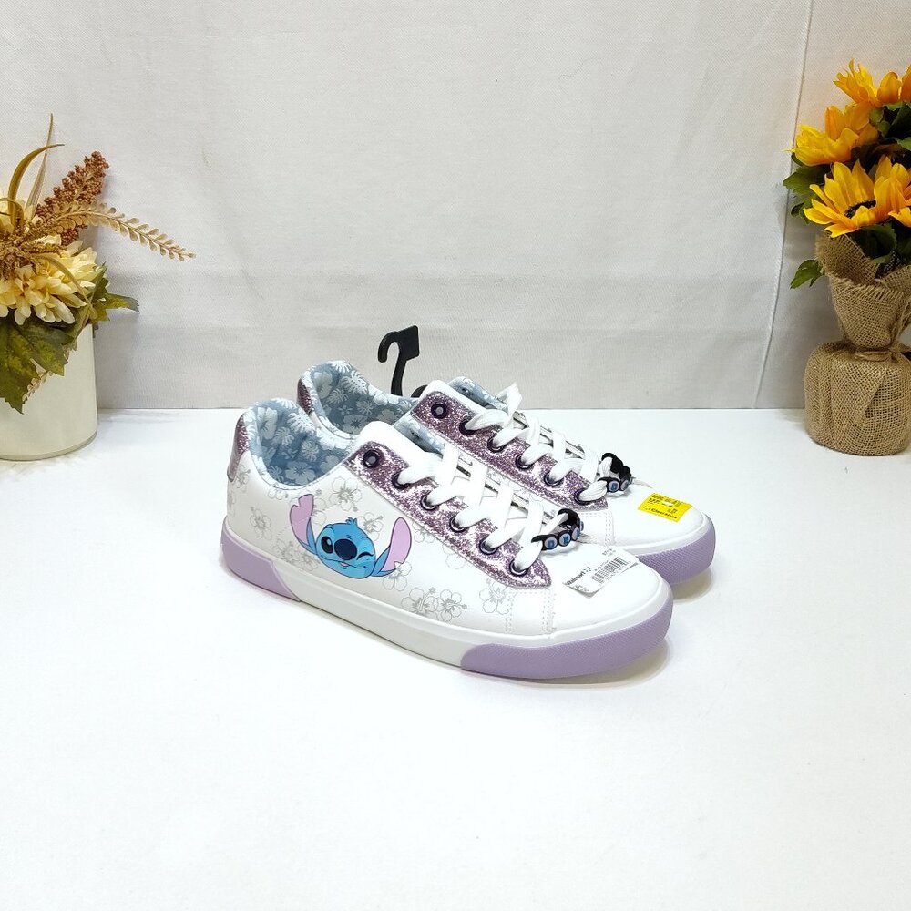 Disney Stitch Low Top Sneakers Womens 10 Lace-Up Glitter Accents Charm Keychain